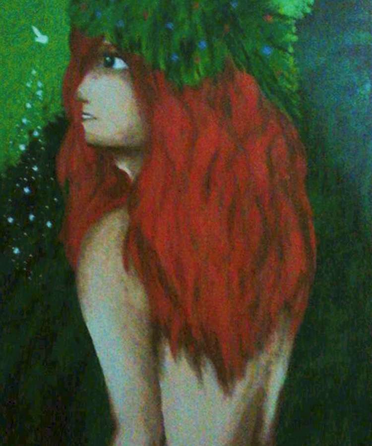 Close em quadro que mostra um ser elementar andrógino de longos cabelos ruivos, de costas com a pele nua, e coroa de folhagens na cabeça